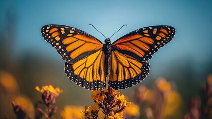 Fototapeta premium Vibrant Monarch Butterfly Perched on Yellow Flowers in a Sunny Garden Setting