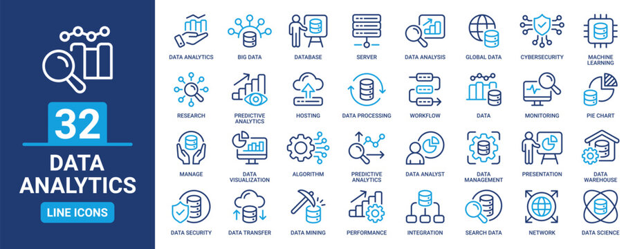 Data analytics icon set. Containing data analysis, data mining, global data, monitoring, data processing, big data, data visualization and more. Outline vector icons collection.