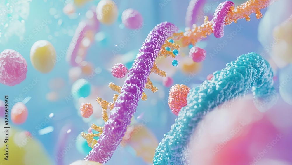 Poster colorful dna molecules interacting with cells in abstract environment