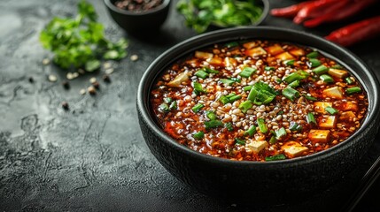 Bowl of chili with tofu and a spoon resting on the side ready for serving