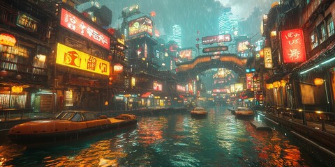 Obraz premium Virtual Cyberpunk Landscape: Glowing Towers and Misty, Reflective Streets 