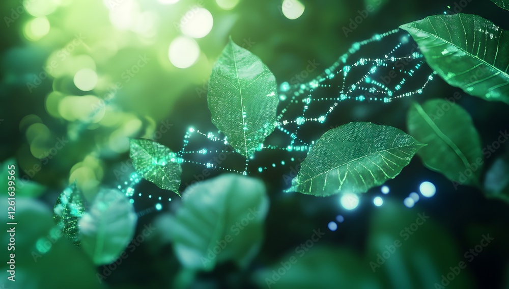 Poster digital network connecting green leaves in forest