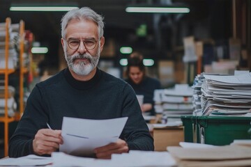 A manager in a post office reviews reports at their desk. Behind them, workers sort mail into different bins
