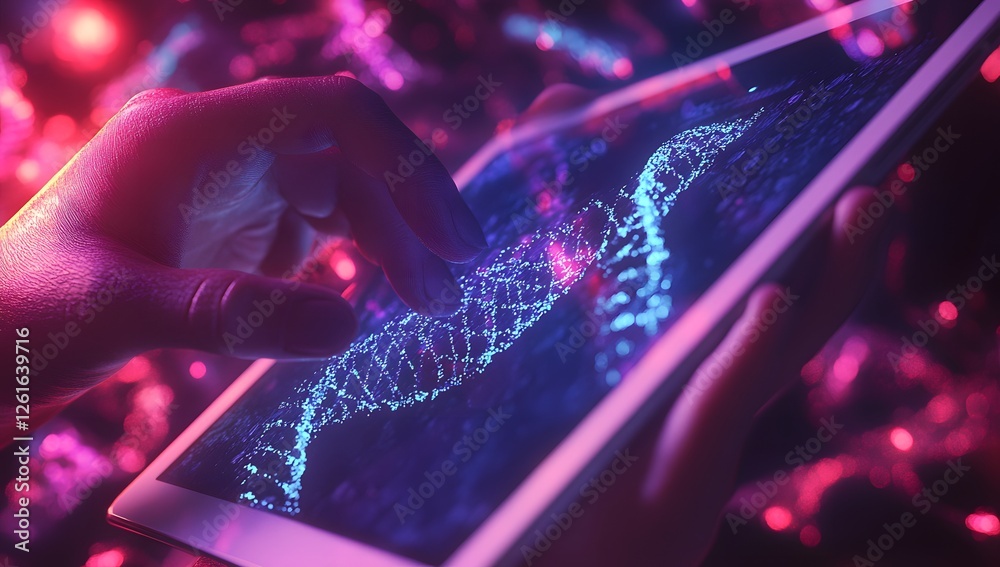 Poster hands interact with dna data on tablet, vibrant lights in background