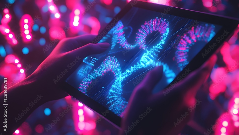 Poster Hands interact with tablet display, DNA visualization, glowing bokeh background