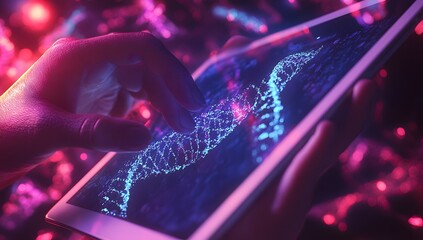 Hands interact with DNA data on tablet, vibrant lights in background