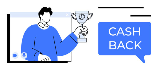 Man holding trophy appears in video chat window. Accompanied by a blue speech bubble with Cash Back text. Ideal for online recognition, rewards, incentives, virtual rewards, finance, savings, video