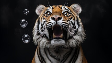 Naklejka premium Roaring Tiger with Bubbles Portrait Dramatic Wildlife Close-up Animal Photography