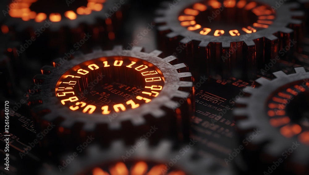 Poster gears with glowing binary code; circuit board background. stock photo