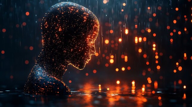 Illuminated digital human head profile with bokeh lights and reflective surface in dark environment