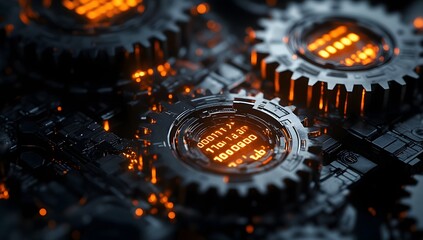 High-tech gears with glowing numbers on circuit board