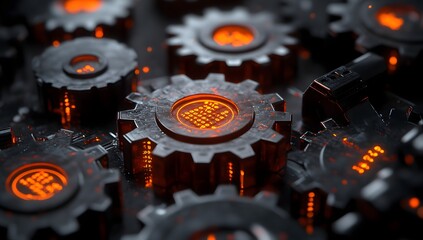 Complex gears, data processing, dark tech, futuristic