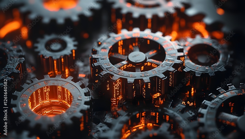 Poster Fiery gears meshing in intricate mechanism