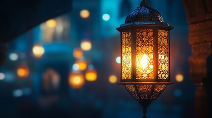 Traditional Arabic lanterns in the night market. Bokeh background concept 