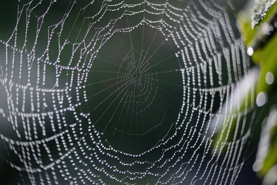 Macro photo of an intricate spider web covered in glistening morning dew, a natural pattern of connection against a dark background