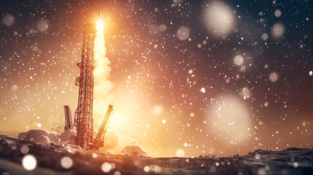 Giant catapult propels abstract satellites into space, symbolizing innovation in space technology.
