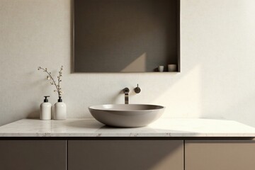 Fototapeta premium Modern minimalist bathroom sink design with neutral tones and subtle natural elements