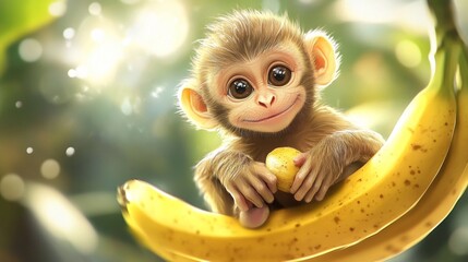 97.Kawaii bananas fruit food and snack with cute monkey