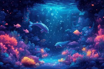 Obraz premium Dolphins, coral reef, underwater scene, ocean background, fantasy illustration