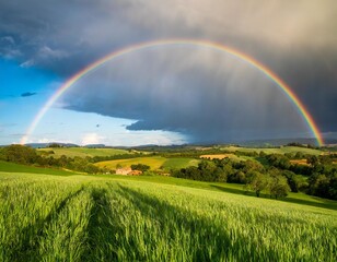 Naklejka premium Documenting the Dramatic Contrast of a Rainbow Appearing After a Heavy Rainstorm Over a Rolling Countryside Landscape