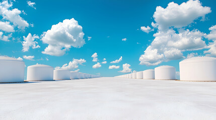 White storage tanks under a blue sky. Industrial site