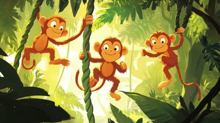 Fototapeta premium 93.Cheerful cartoon depiction of monkeys hanging from jungle vines, perched on branches, and leaping between trees, with vibrant rainforest foliage and exotic wildlife in the background.