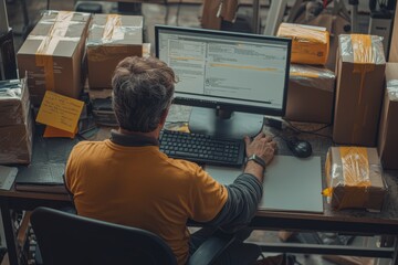 A postal worker updates a digital tracking system on their computer. Packages are lined up next to them