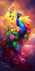 Fototapeta premium A vibrant, artistic depiction of a peacock with colorful feathers against a dreamy, cloud-filled background.