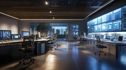 Modern control room with multiple screens and workstations for monitoring and analysis.