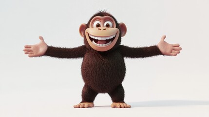 32.A cheerful 3D cartoon monkey with a round face, wide grin, and bright eyes, standing upright with arms spread wide, rendered with smooth textures on a white background.