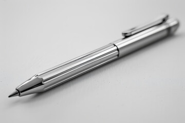 stationery design, sleek metallic silver mechanical pencil with ultra-fine mm lead, reflecting softly in ambient light, balanced on pristine white board