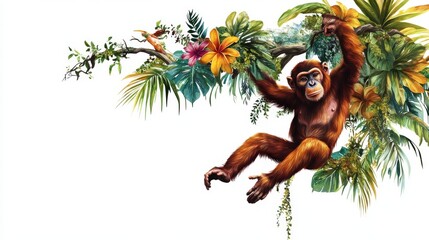 Obraz premium 83.Vector composition of a monkey hanging by its tail from a tree branch, with detailed tropical vegetation and vibrant colors isolated on a plain white background.