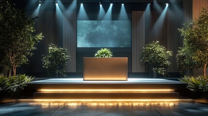 A large conference podium with an interactive touchscreen for presentation, corporate event atmosphere
