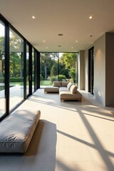 Modern sunlit living room with expansive glass walls showcasing serene garden views and minimalist beige furniture