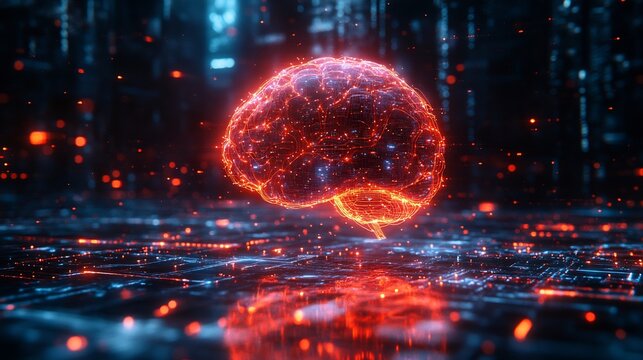 Digital brain illuminated in red against a dark background with glowing circuit patterns below it