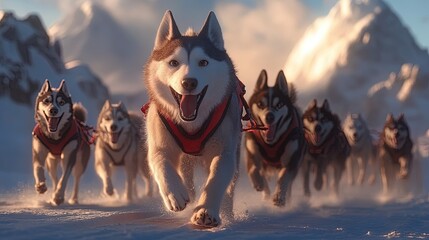 A dog sled race in the Arctic, determined sled dogs pulling their teams across snowy terrain
