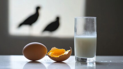 Cracked egg and milk on a surface with avian silhouette, symbolizing food safety and disease prevention.