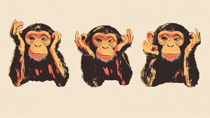 Obraz premium 58.Minimalist illustration of three monkeys in a symbolic arrangement, drawn with bold lines and muted colors, performing the gestures for see no evil, hear no evil, and speak no evil.