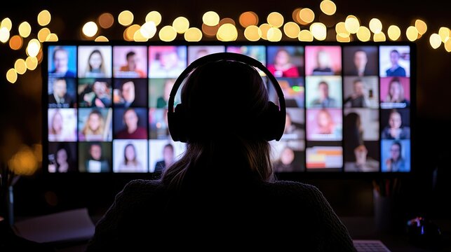 A person wearing headphones is engaged in a virtual meeting, with a large screen displaying multiple participants' faces and soft bokeh lighting in the background.