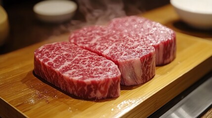 Fototapeta premium Three marbled beef steaks displayed on a wooden board, likely for cooking or grilling.