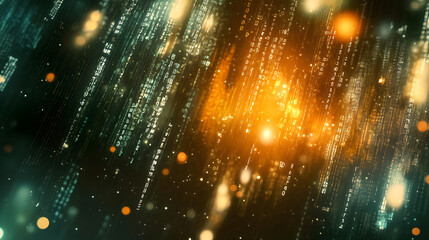 Fototapeta premium Abstract Digital Data Stream Glowing Teal and Amber Binary Code Flowing Downward