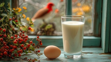 Cracked egg and milk on a surface with avian silhouette, symbolizing food safety and disease prevention.