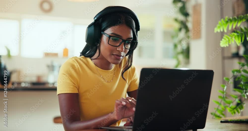 Poster Headphones, coder and laptop with woman at home for freelance developer, gaming programmer and research. Gameplay database, character design and remote software engineer with person and typing