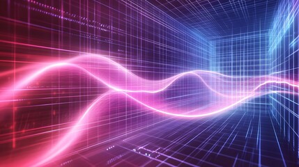 Obraz premium Abstract glowing wave pattern within a digital grid structure