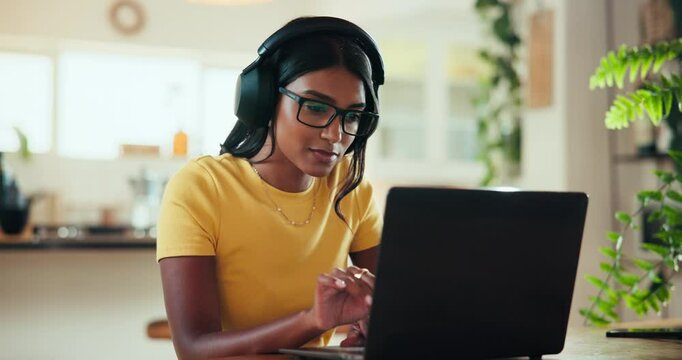 Headphones, coder and laptop with woman at home for freelance developer, gaming programmer and research. Gameplay database, character design and remote software engineer with person and typing