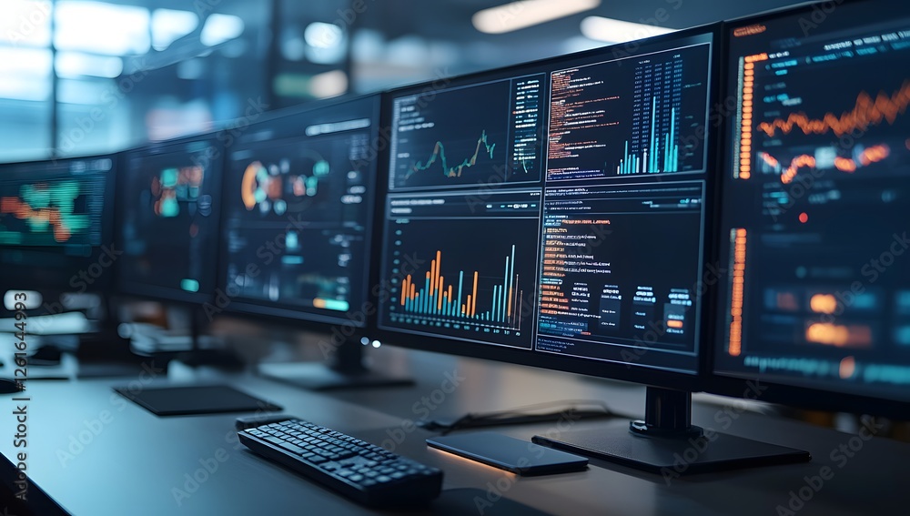 Poster Multiple monitors displaying data in a modern control room