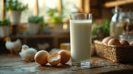 Cracked egg and milk on a surface with avian silhouette, symbolizing food safety and disease prevention.