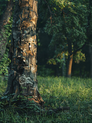 Fototapeta premium A sunlit tree trunk surrounded by lush greenery in a tranquil forest setting.