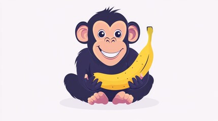 76.Flat vector illustration of a happy monkey with a banana, featuring smooth shading and bold outlines, isolated on a plain white backdrop for versatile use.