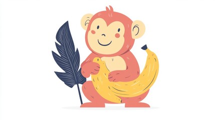76.Flat vector illustration of a happy monkey with a banana, featuring smooth shading and bold outlines, isolated on a plain white backdrop for versatile use.